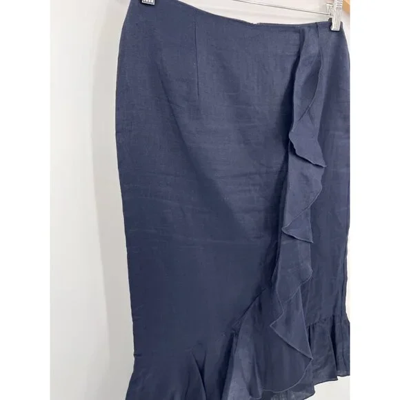 BODEN Women's Navy Linen Ruffle Front & Hem Straight Skirt US 4 - Picture 2 of 6